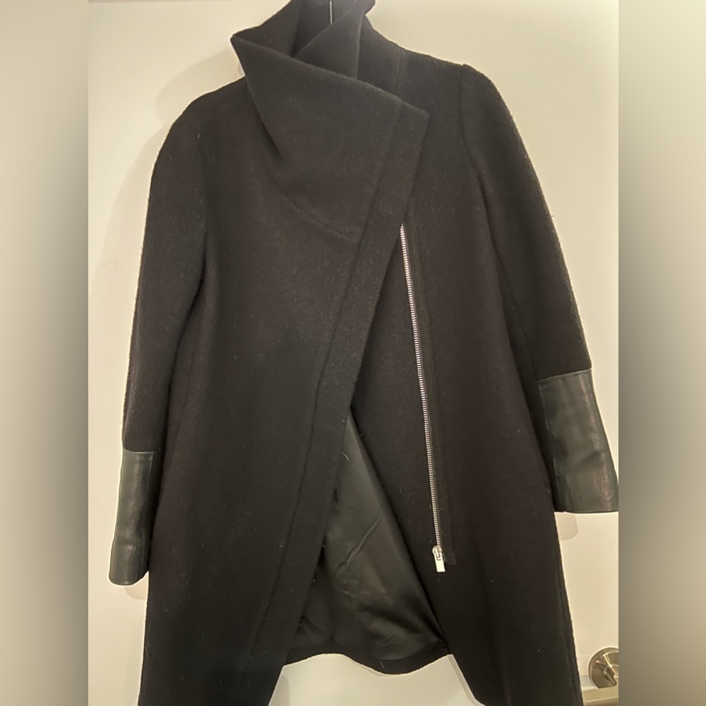 Black Wool Jacket with Leather Trim